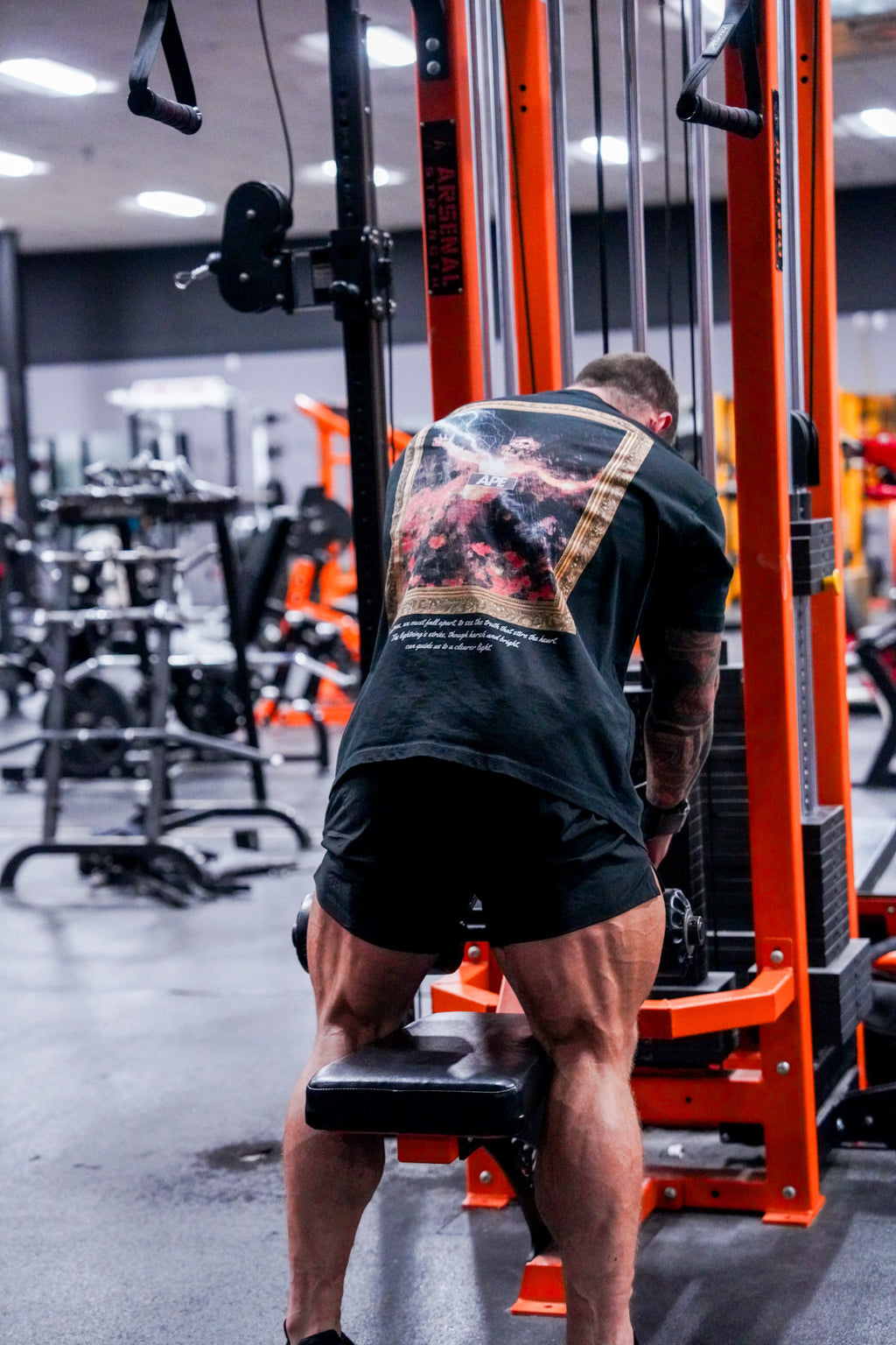 The Chaos T-Shirt back graphic in the gym