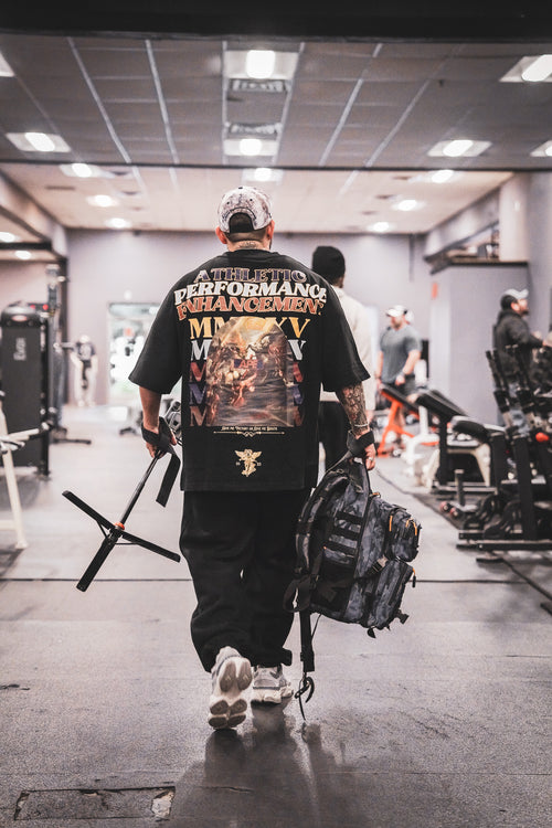 'Victory' Oversized Pump Cover in black, back graphic