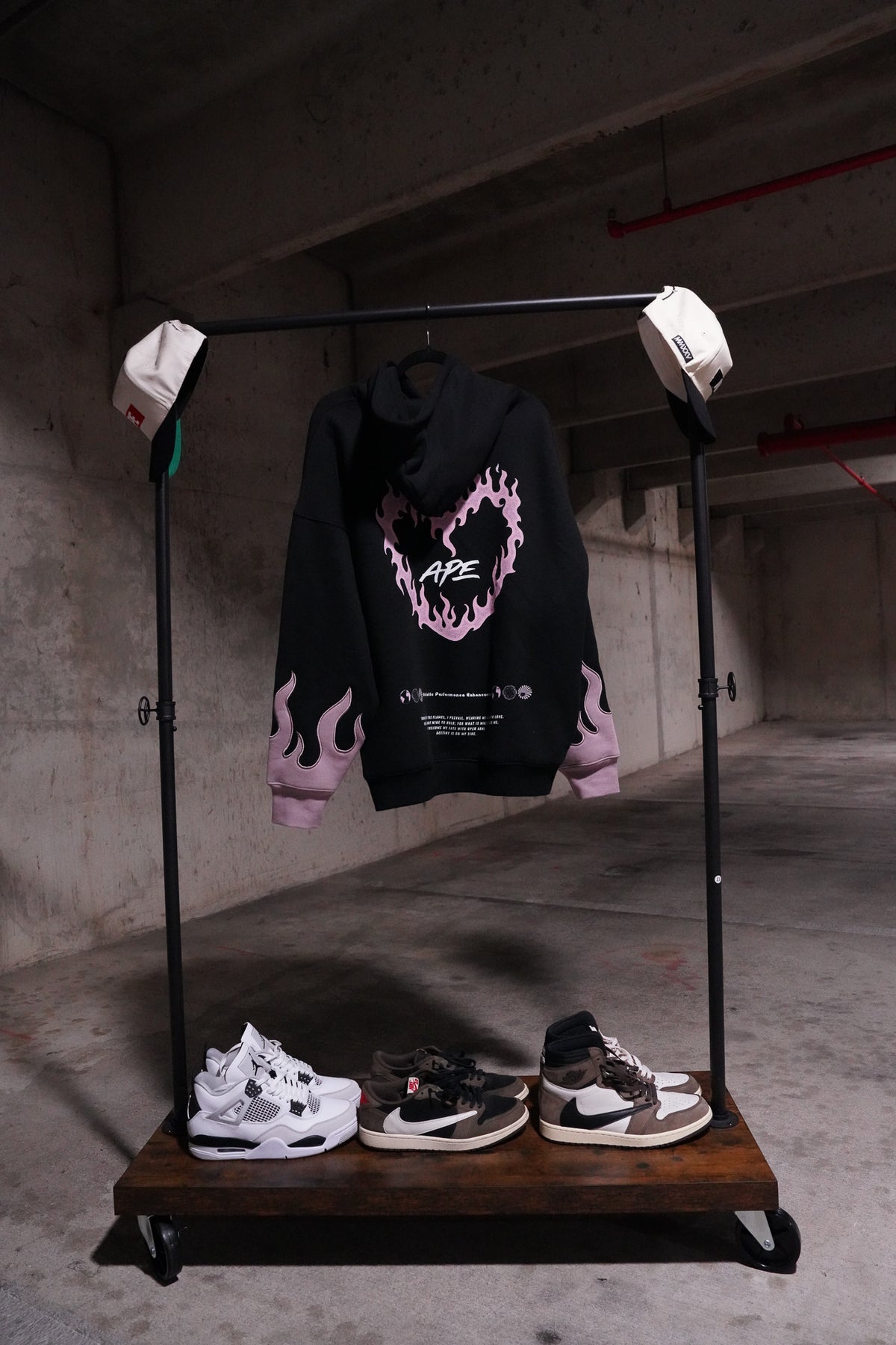 Midnight Fire Hoodie on a rack, back graphic
