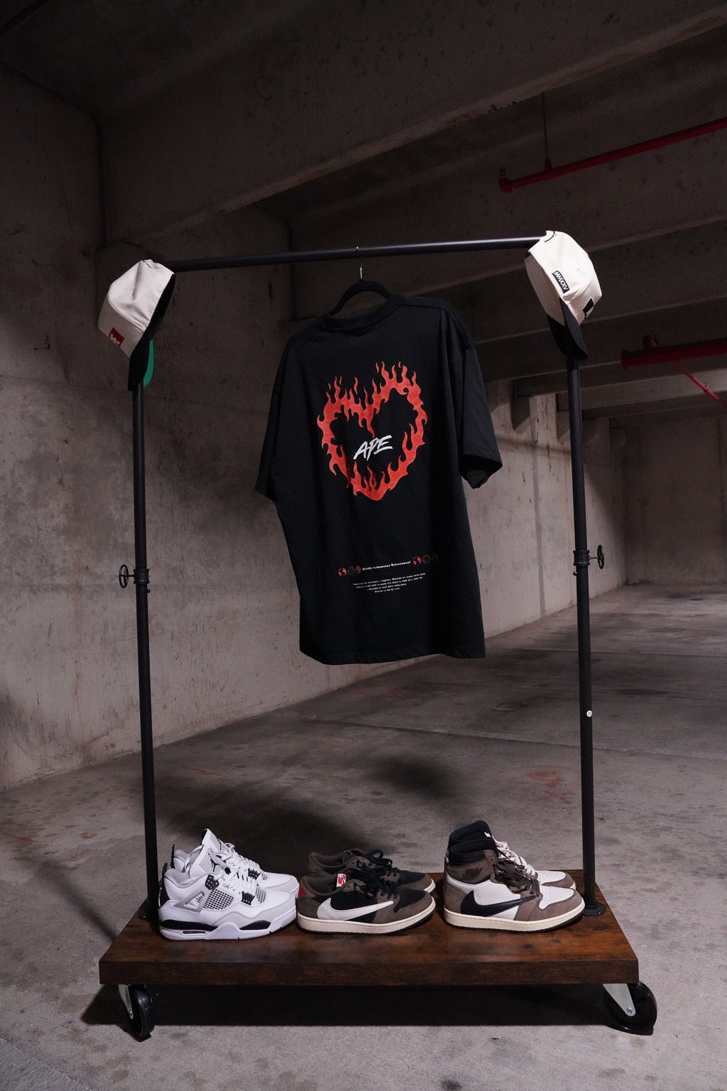 Blazing Heart T-Shirt on a rack, back graphic